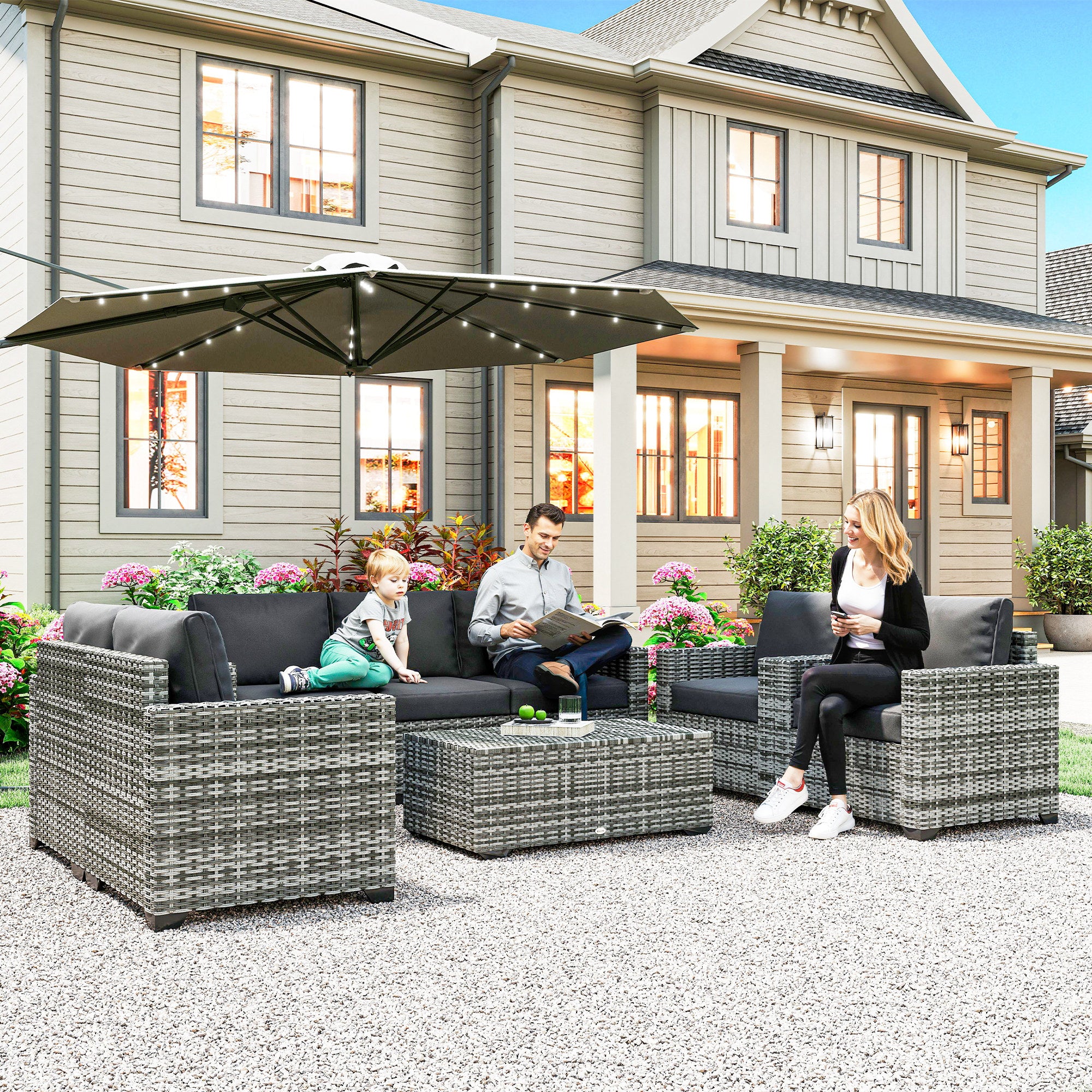 Patio Furniture Set, Cushions, Sofa, Loveseat, Storage Table, Gray