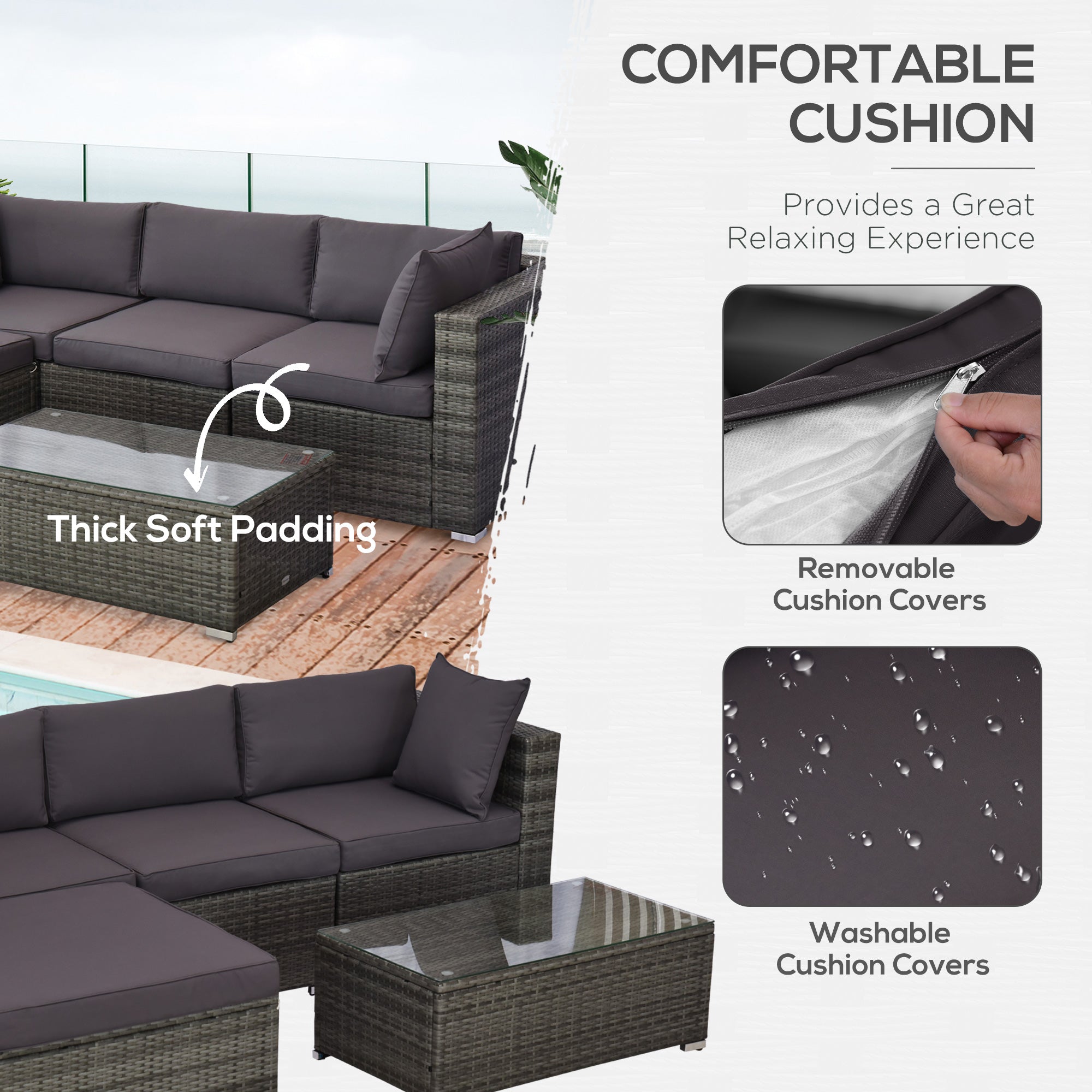 5-Piece Outdoor Sectional Furniture, Patio Sofa Set, PE Wicker Couch, Cushions, Pillows, Ottoman, Table, Charcoal