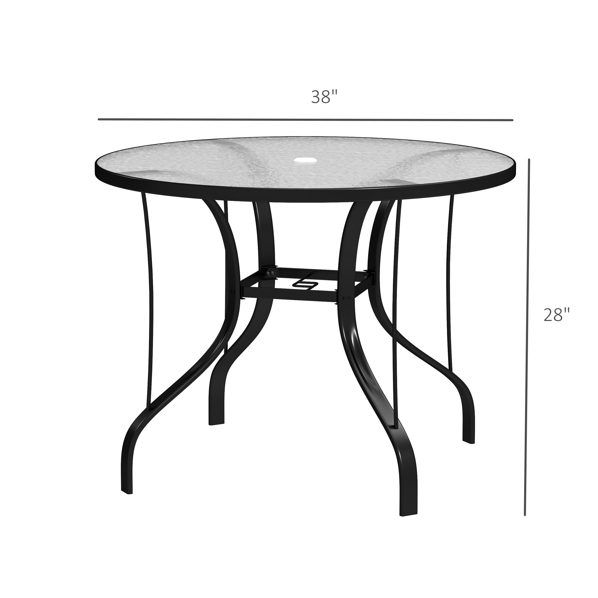 38" Round Patio Table with Umbrella Hole, Tempered Glass Outdoor Dining Table, Black