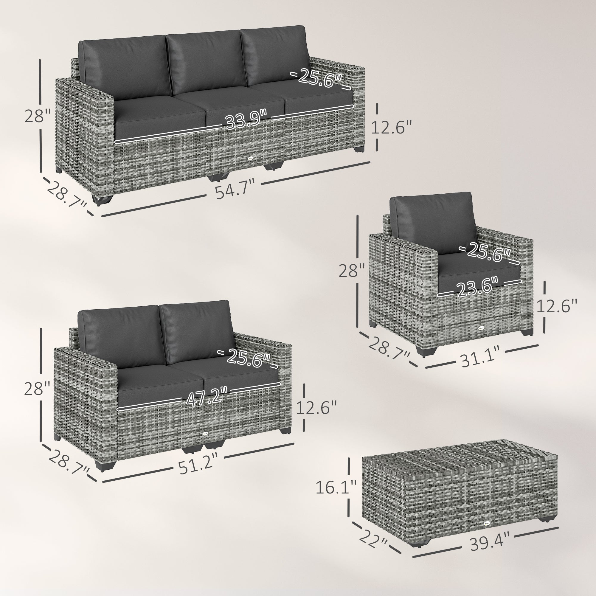 Patio Furniture Set, Cushions, Sofa, Loveseat, Storage Table, Gray