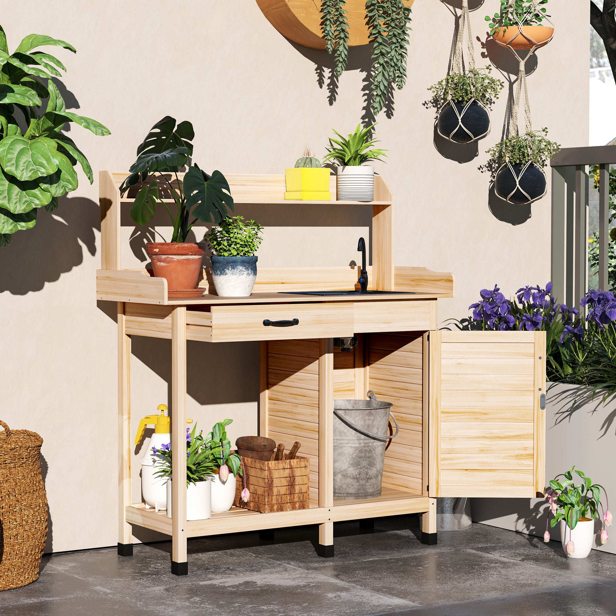 Potting Bench Table with Sink, Outdoor Work Bench Table with Storage Cabinet, Hooks, Removable Sink, Faucet and Drawer for Greenhouse, Garden, Patio, Natural Wood