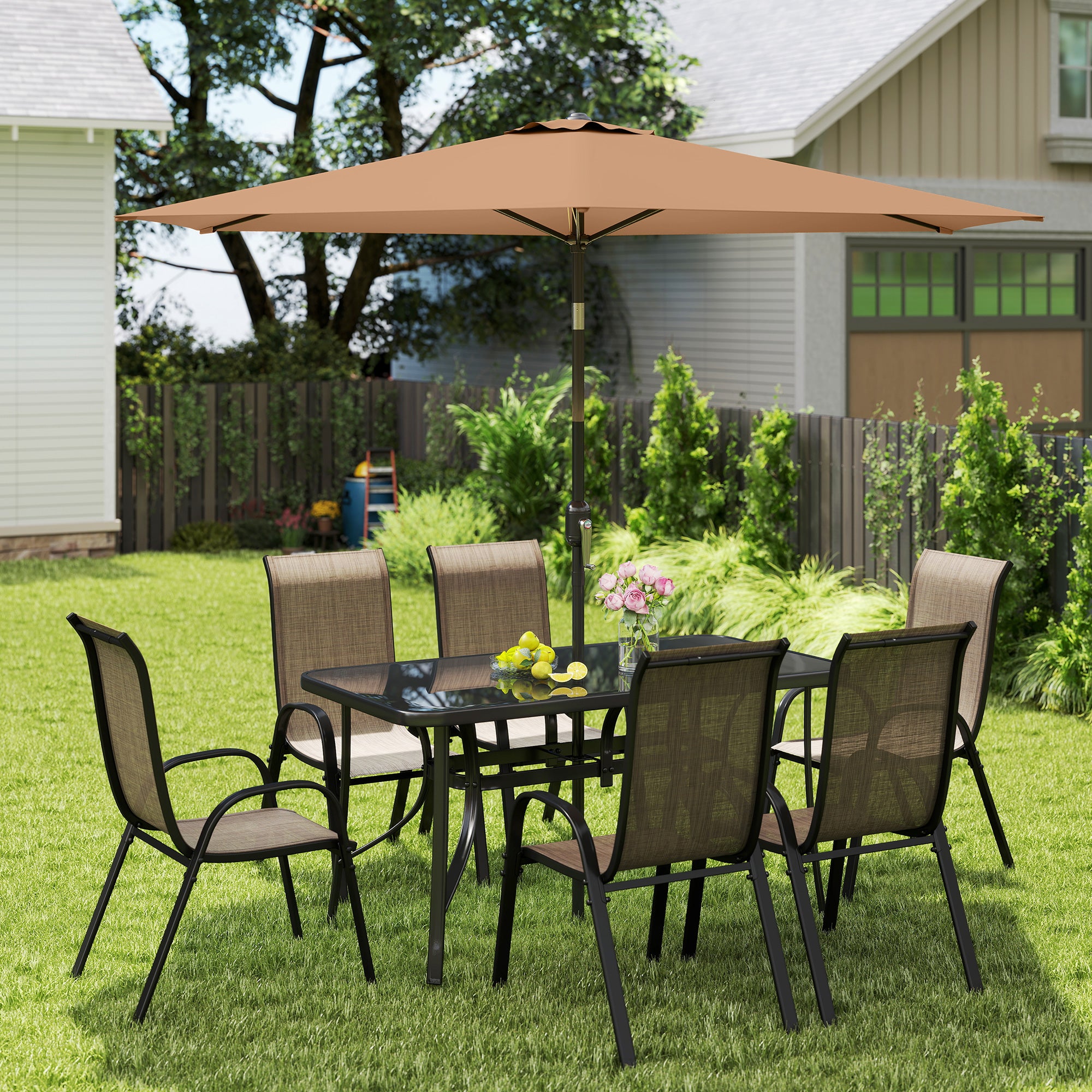 8 Pieces Patio Furniture Set with 9Ft Patio Umbrella, Outdoor Dining Table and Chairs, Light Mixed Brown