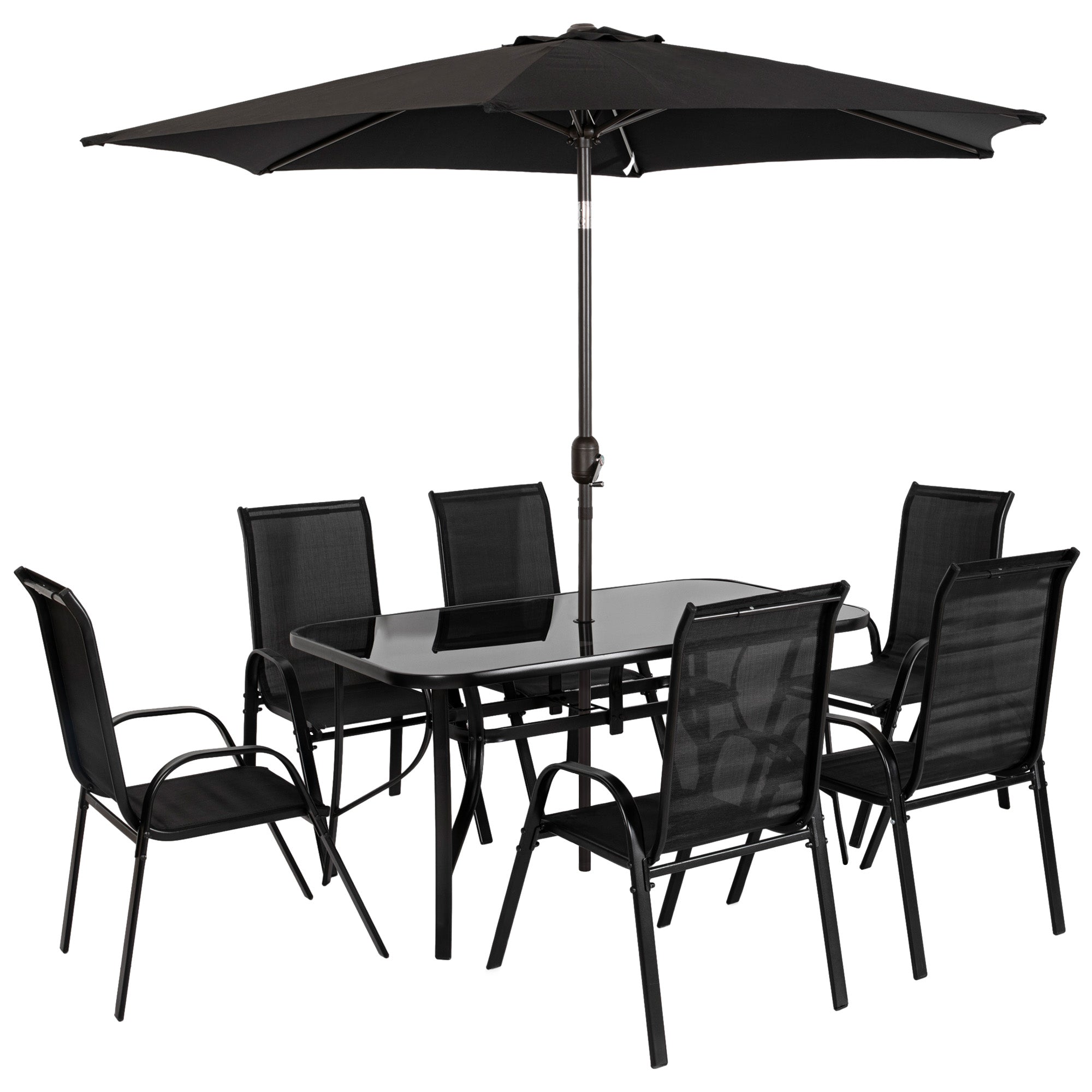 8 Pieces Patio Furniture Set with 9Ft Patio Umbrella, Outdoor Dining Table and Chairs, Black