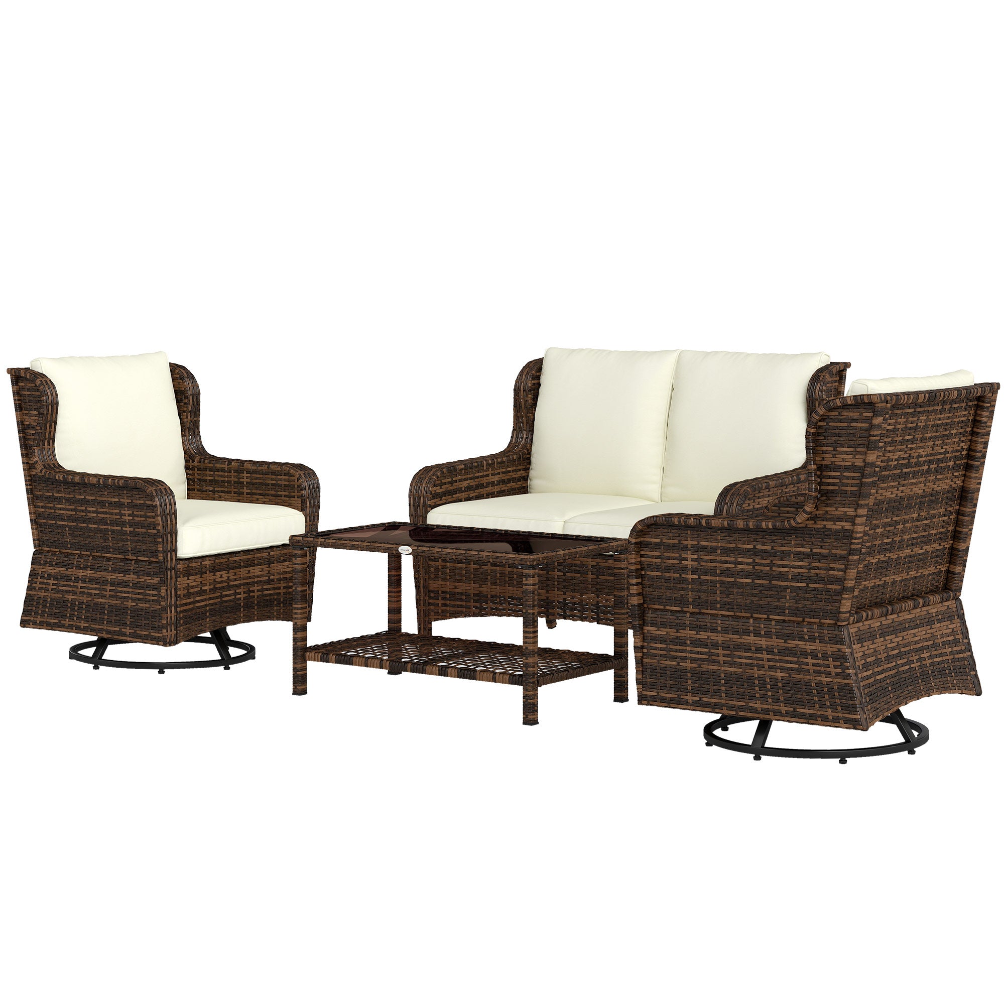 4 Piece Rattan Patio Furniture Set, Conversation Set with Swivel Glider Chairs Table Loveseat for Garden, Patio, Cream