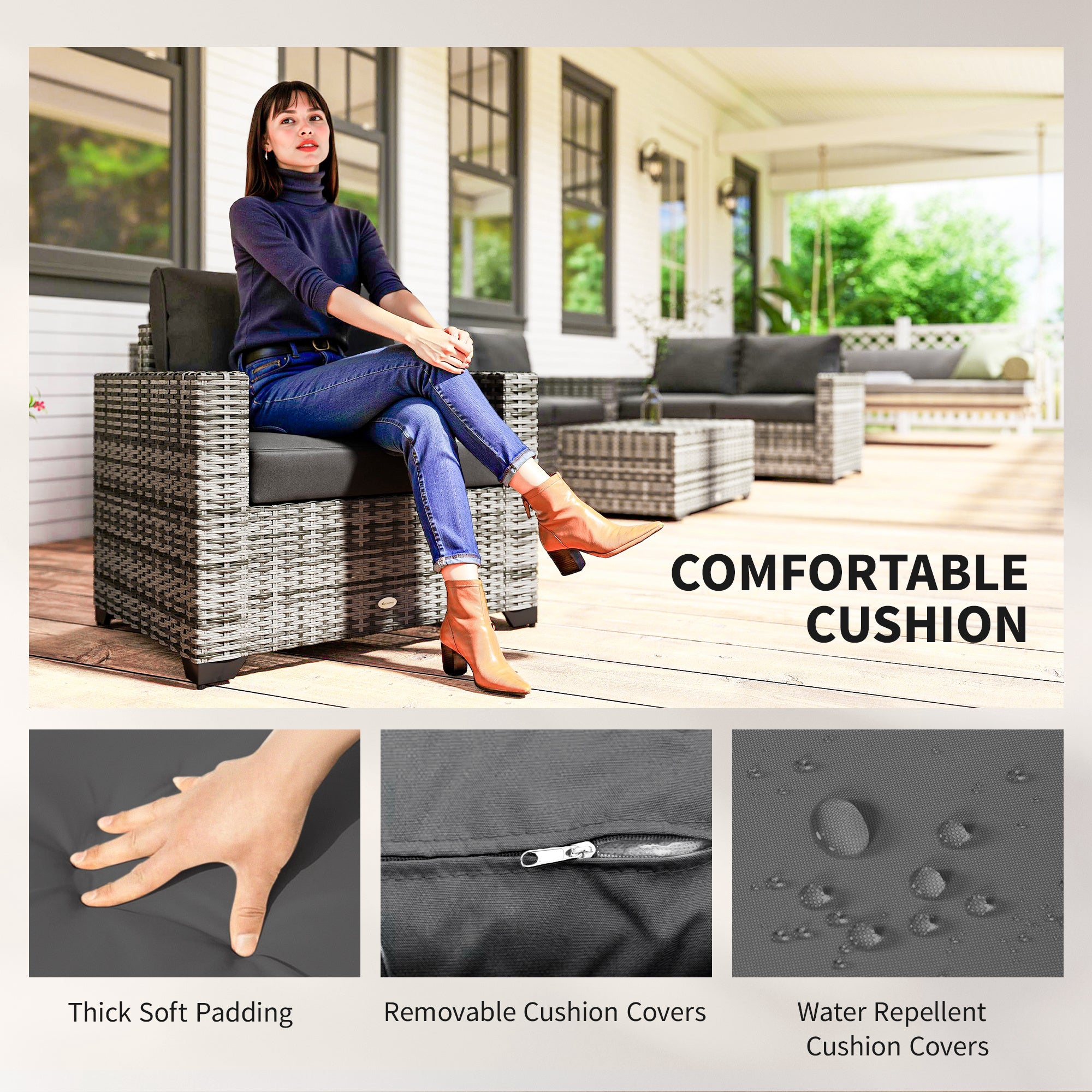 Patio Furniture Set, Cushions, Sofa, Loveseat, Storage Table, Gray