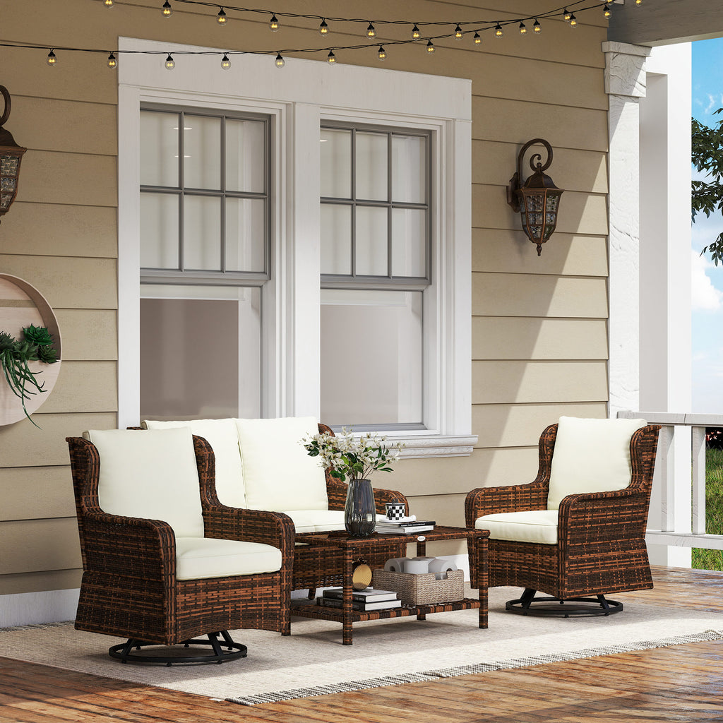 4 Piece Rattan Patio Furniture Set, Conversation Set with Swivel Glider Chairs Table Loveseat for Garden, Patio, Cream