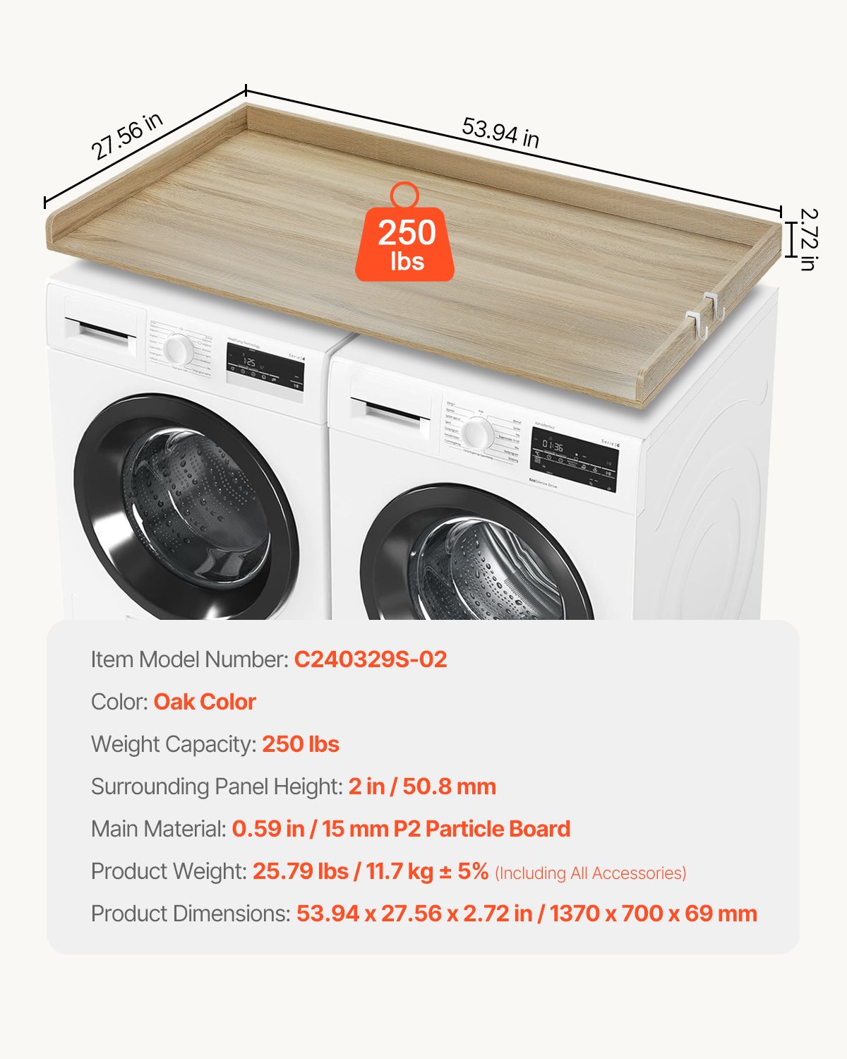 Royxen Laundry Countertop Solid Wood, Countertop For All Front-Loaded Washing Machine And Dryer, Extra Room For Laundry Room, Oak