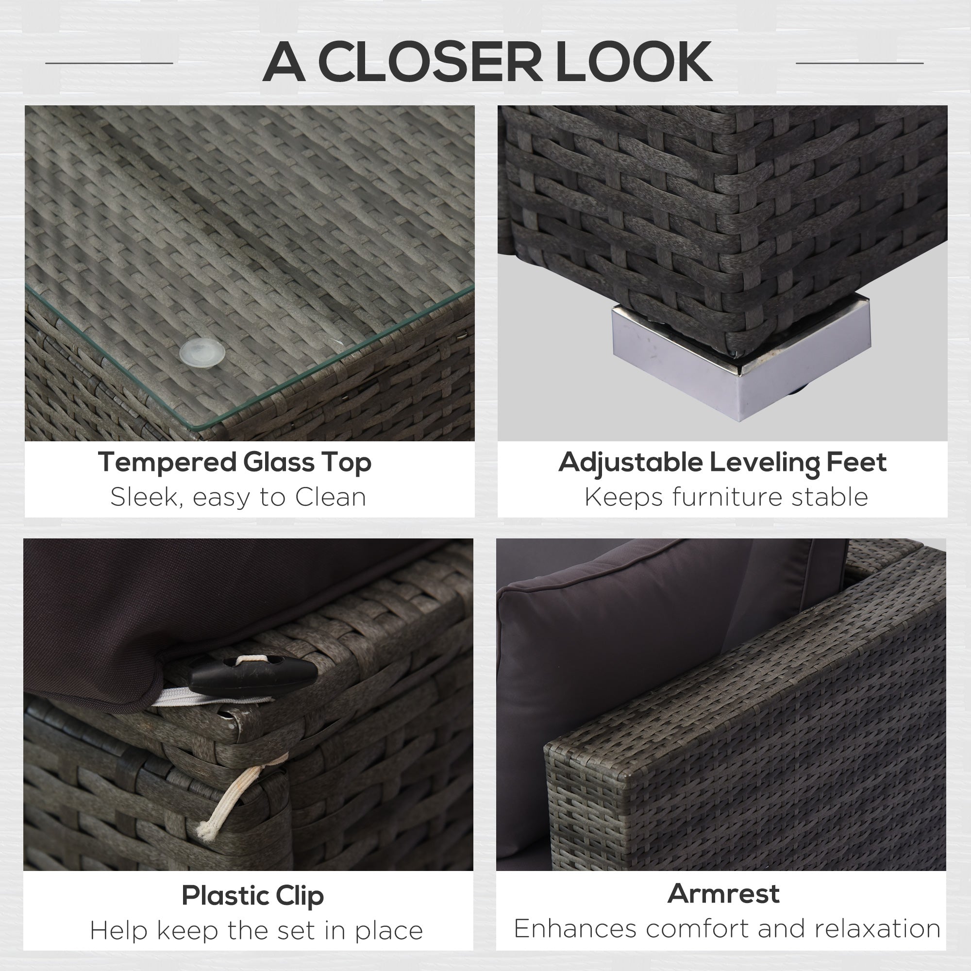 5-Piece Outdoor Sectional Furniture, Patio Sofa Set, PE Wicker Couch, Cushions, Pillows, Ottoman, Table, Charcoal