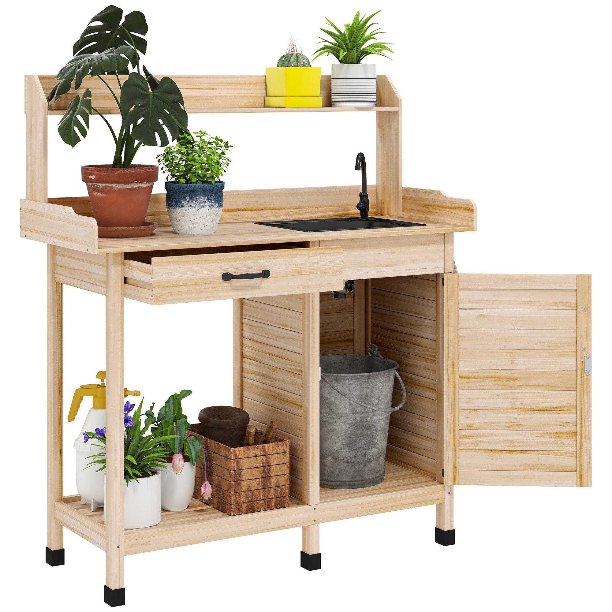 Potting Bench Table with Sink, Outdoor Work Bench Table with Storage Cabinet, Hooks, Removable Sink, Faucet and Drawer for Greenhouse, Garden, Patio, Natural Wood