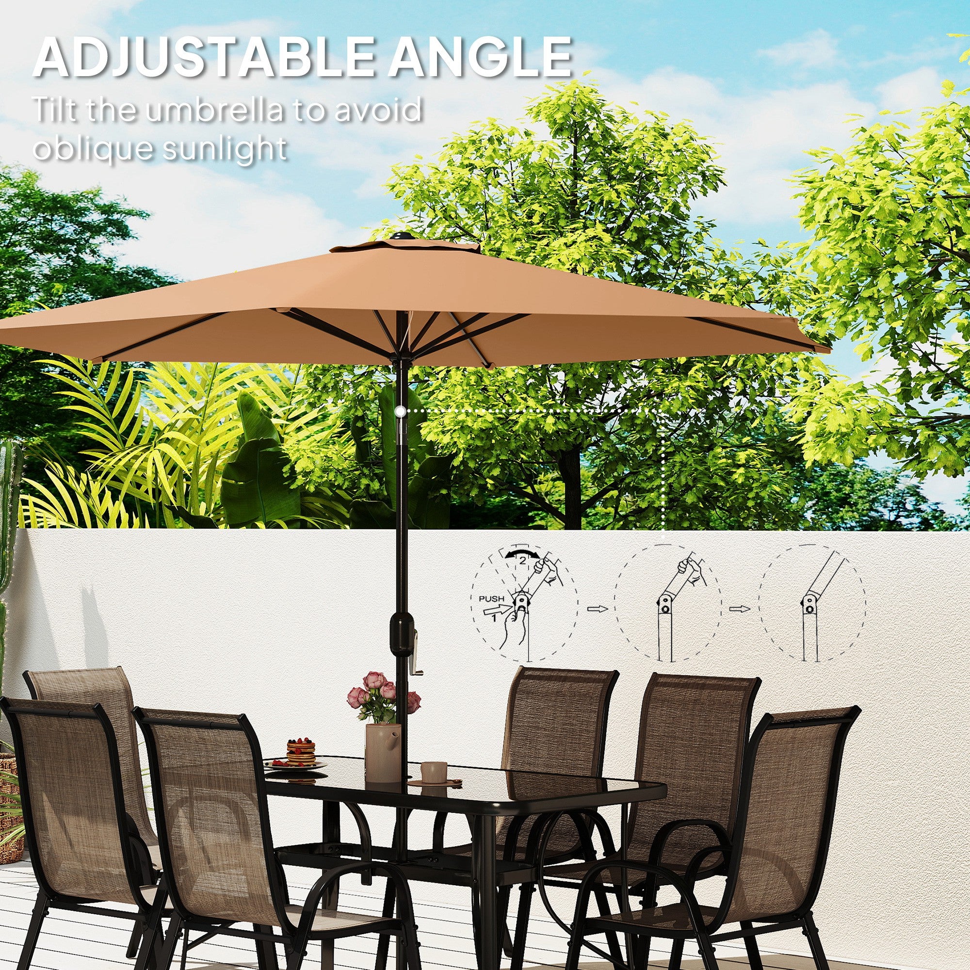 8 Pieces Patio Furniture Set with 9Ft Patio Umbrella, Outdoor Dining Table and Chairs, Light Mixed Brown