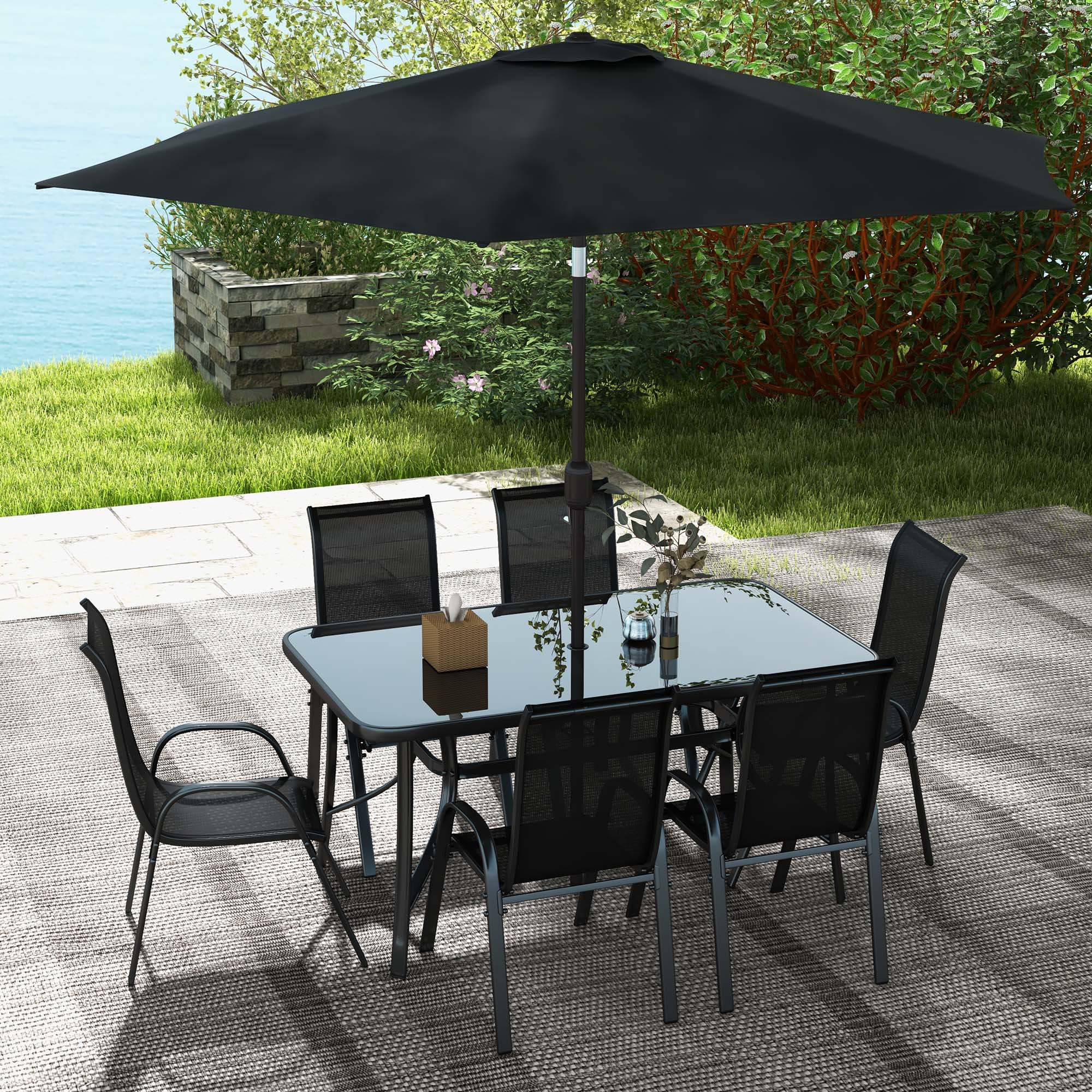 8 Pieces Patio Furniture Set with 9Ft Patio Umbrella, Outdoor Dining Table and Chairs, Black