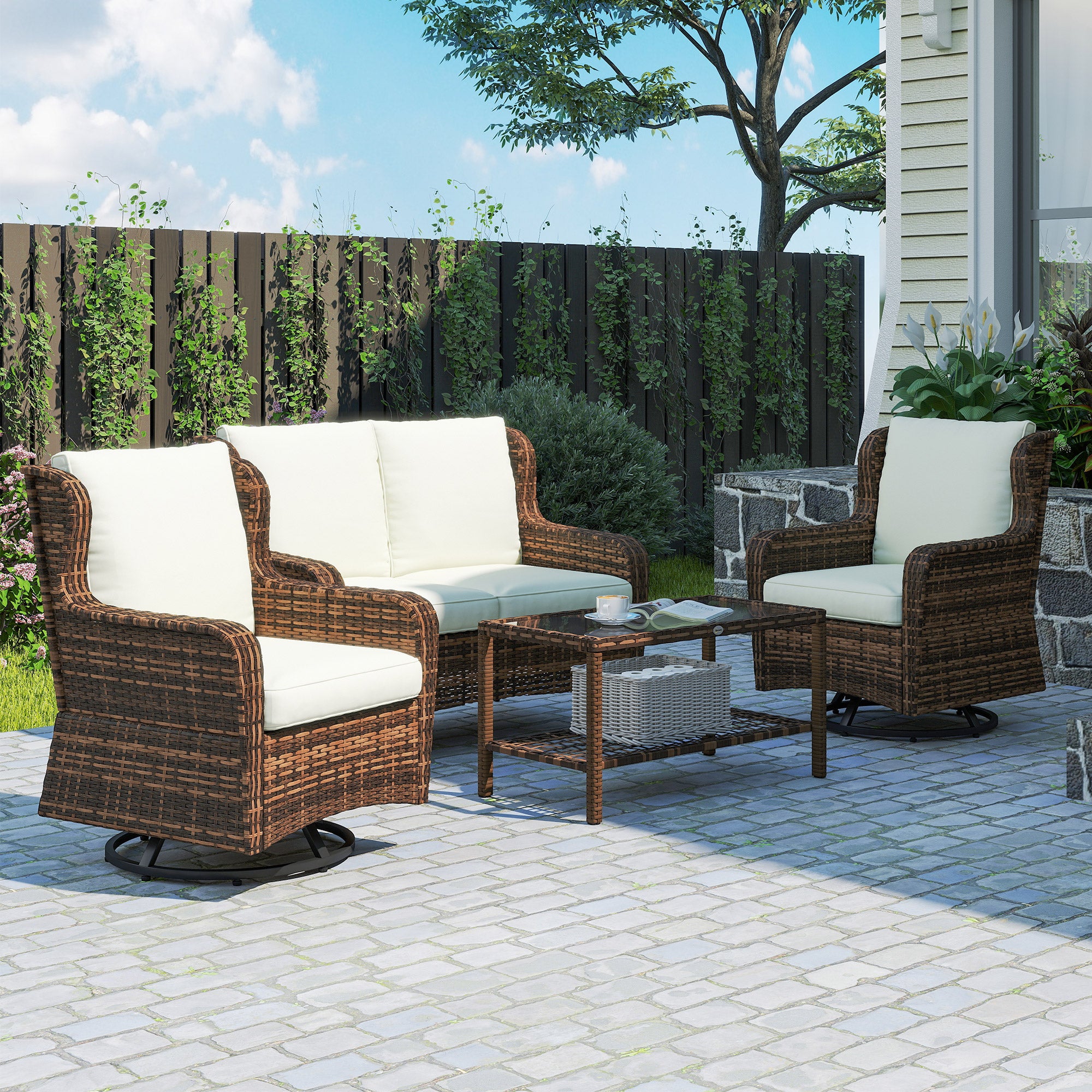 4 Piece Rattan Patio Furniture Set, Conversation Set with Swivel Glider Chairs Table Loveseat for Garden, Patio, Cream