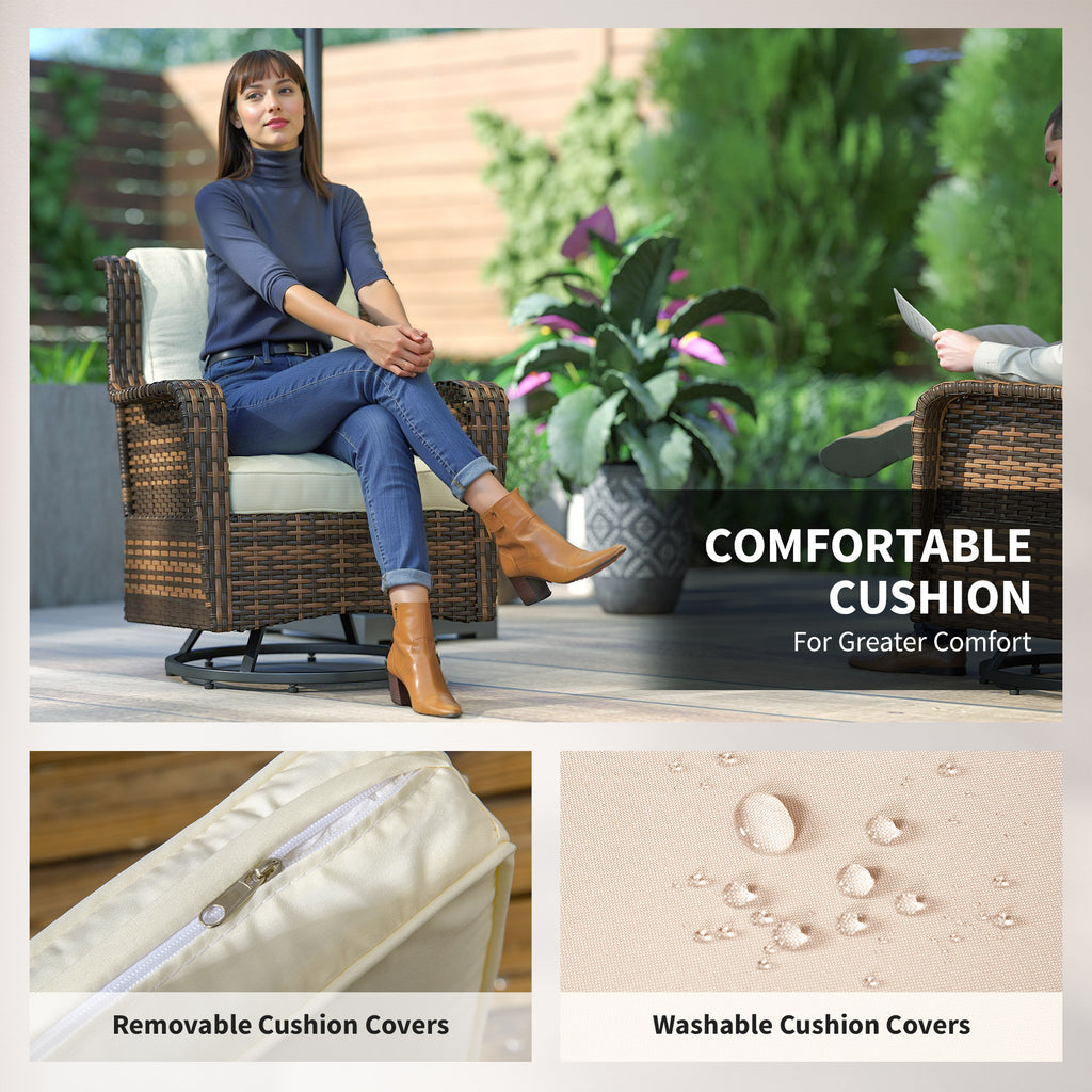 4 Piece Rattan Patio Furniture Set, Conversation Set with Swivel Glider Chairs Table Loveseat for Garden, Patio, Cream