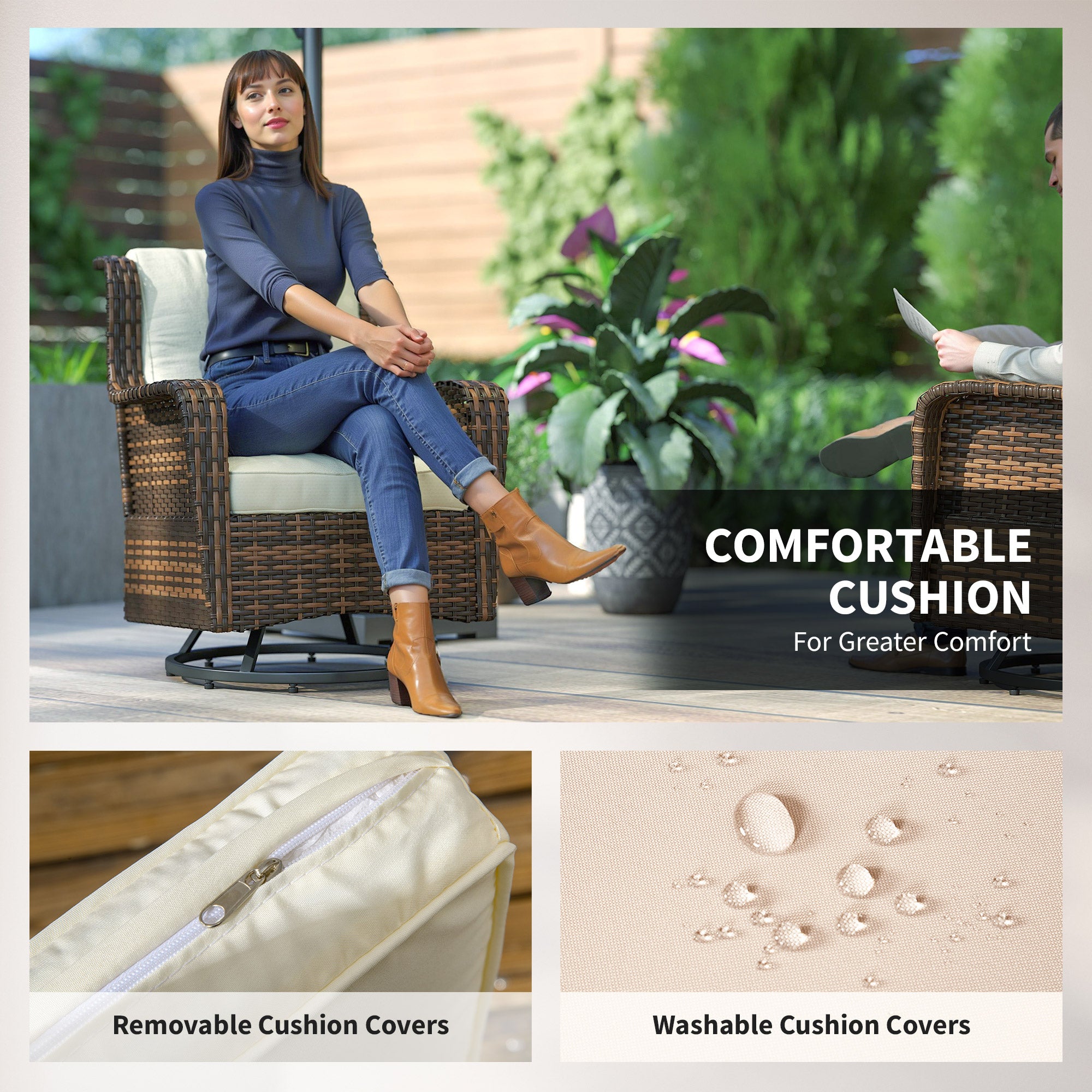 4 Piece Rattan Patio Furniture Set, Conversation Set with Swivel Glider Chairs Table Loveseat for Garden, Patio, Cream